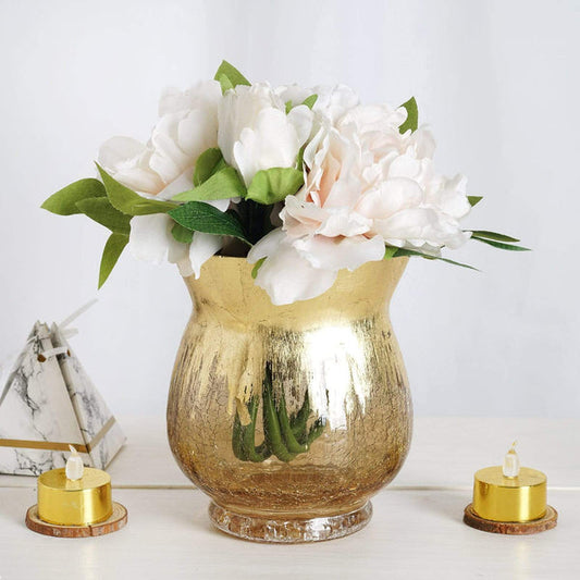2 pcs 6 in tall Gold Crackle Glass Candle Holders Vases
