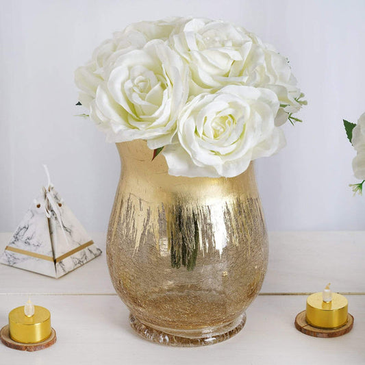 2 pcs 8 in tall Gold Crackle Glass Candle Holders Vases