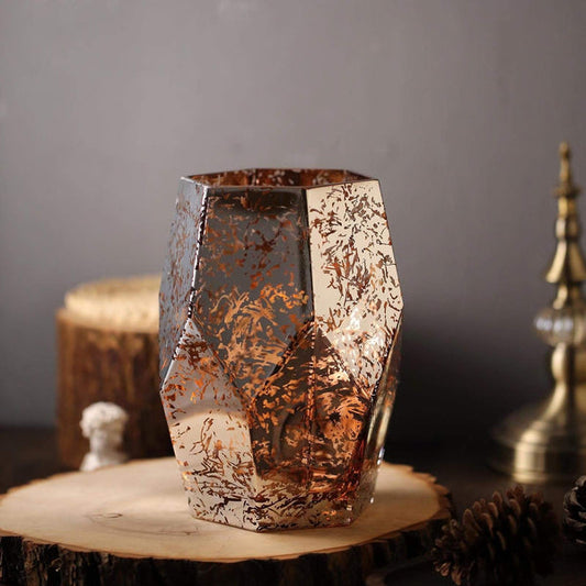 2 pcs 8 in tall Silver with Rose Gold Geometric Mercury Glass Candle Holders Vases Centerpieces