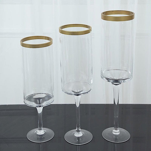 3 Clear with Gold Rim Long Stem Hurricane Glass Candle Holders