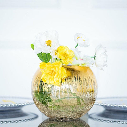 6 in tall Gold Crackle Glass Round Candle Holder Vase
