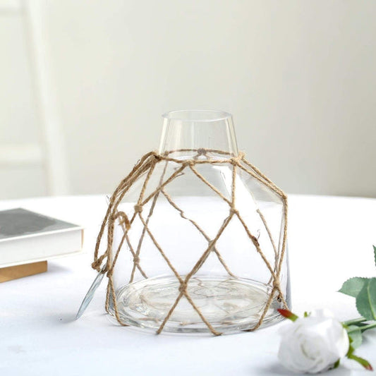 8 in tall Clear with Twine Net and Metal Coin Tag Glass Jar Vase