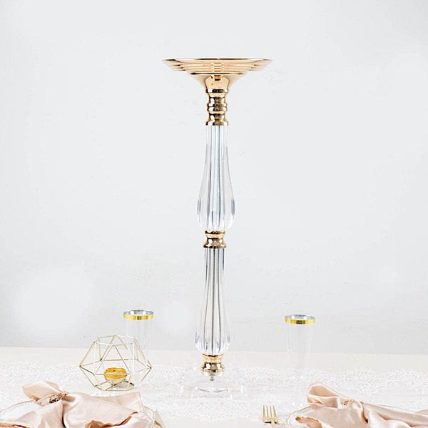 Gold Metal with Clear Acrylic Crystal Pillar Candle Holder Flower Ball Pedestal Stand