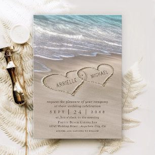 Beach Sand Hearts Elegant Tropical Modern Wedding Invitation