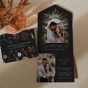 Black 2 photo watercolor botanical save the date all in one invitation