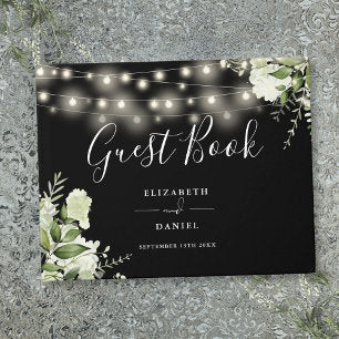Black And White Greenery String Lights Wedding Guest Book