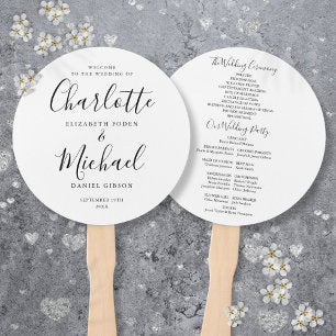 Black And White Modern Script Wedding Program Hand Fan