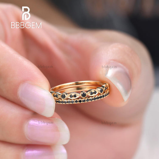 2pcs Black Diamond Wedding Ring Set Half Eternity in White Gold Matching Stacking Band