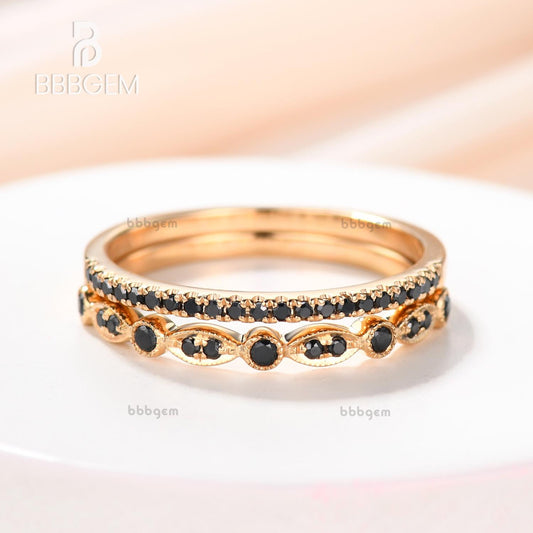 2pcs Black Diamond Wedding Ring Set Half Eternity in White Gold Matching Stacking Band