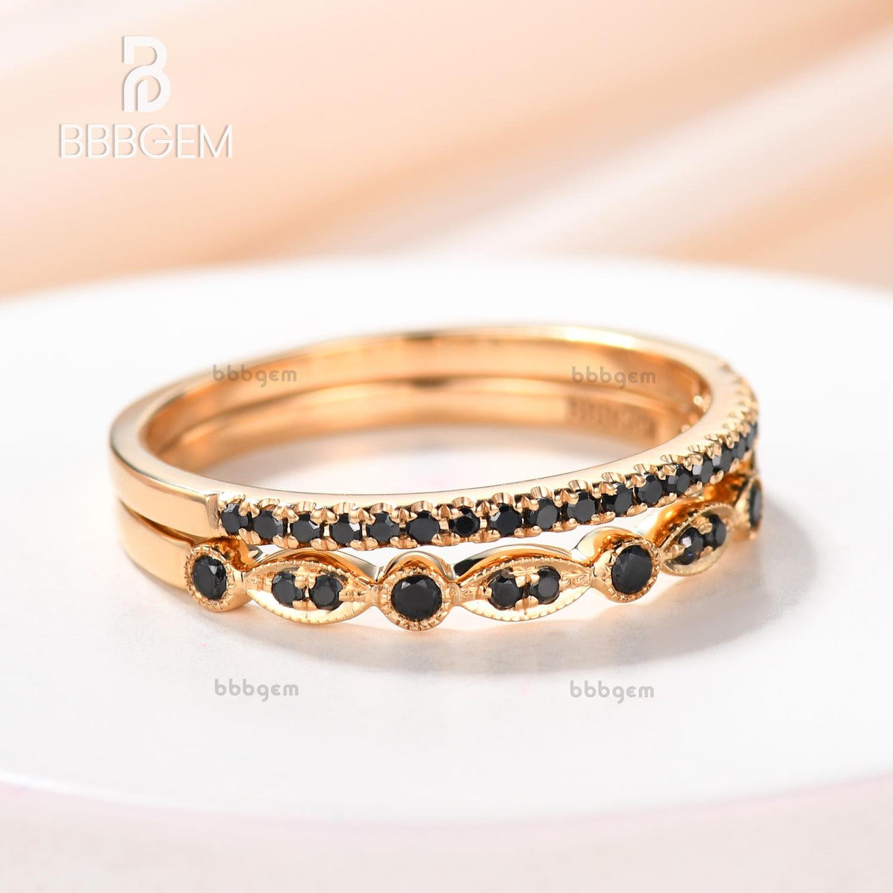 2pcs Black Diamond Wedding Ring Set Half Eternity in White Gold Matching Stacking Band