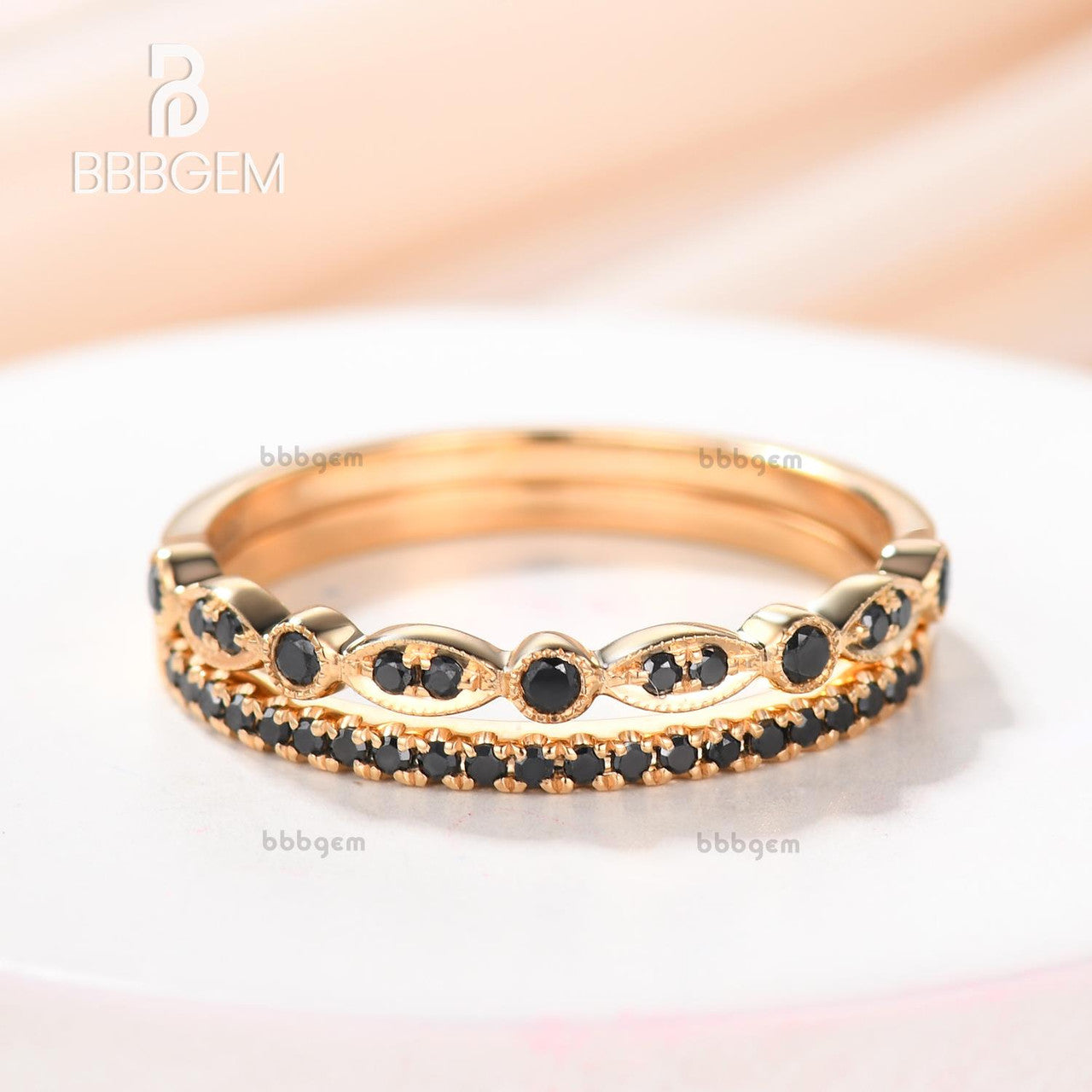 2pcs Black Diamond Wedding Ring Set Half Eternity in White Gold Matching Stacking Band