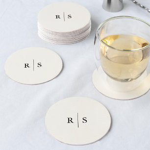 Black & Ecru Editable Color Monogram Wedding Round Paper Coaster