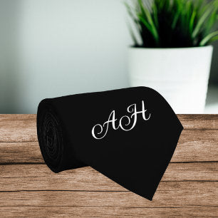 Black Initials Groomsmen Monogram Monogrammed Neck Tie