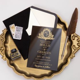 Monogramm Black Acrylic Wedding Invitation with gold printing CA059