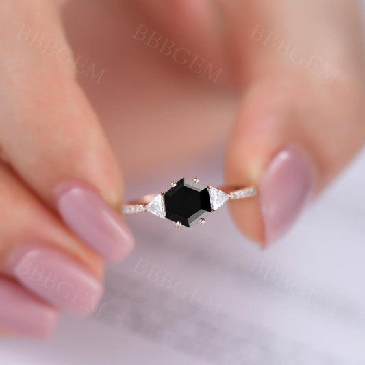 Hexagon Black Onyx Wedding Ring With Trillion Moissanite Side Stones