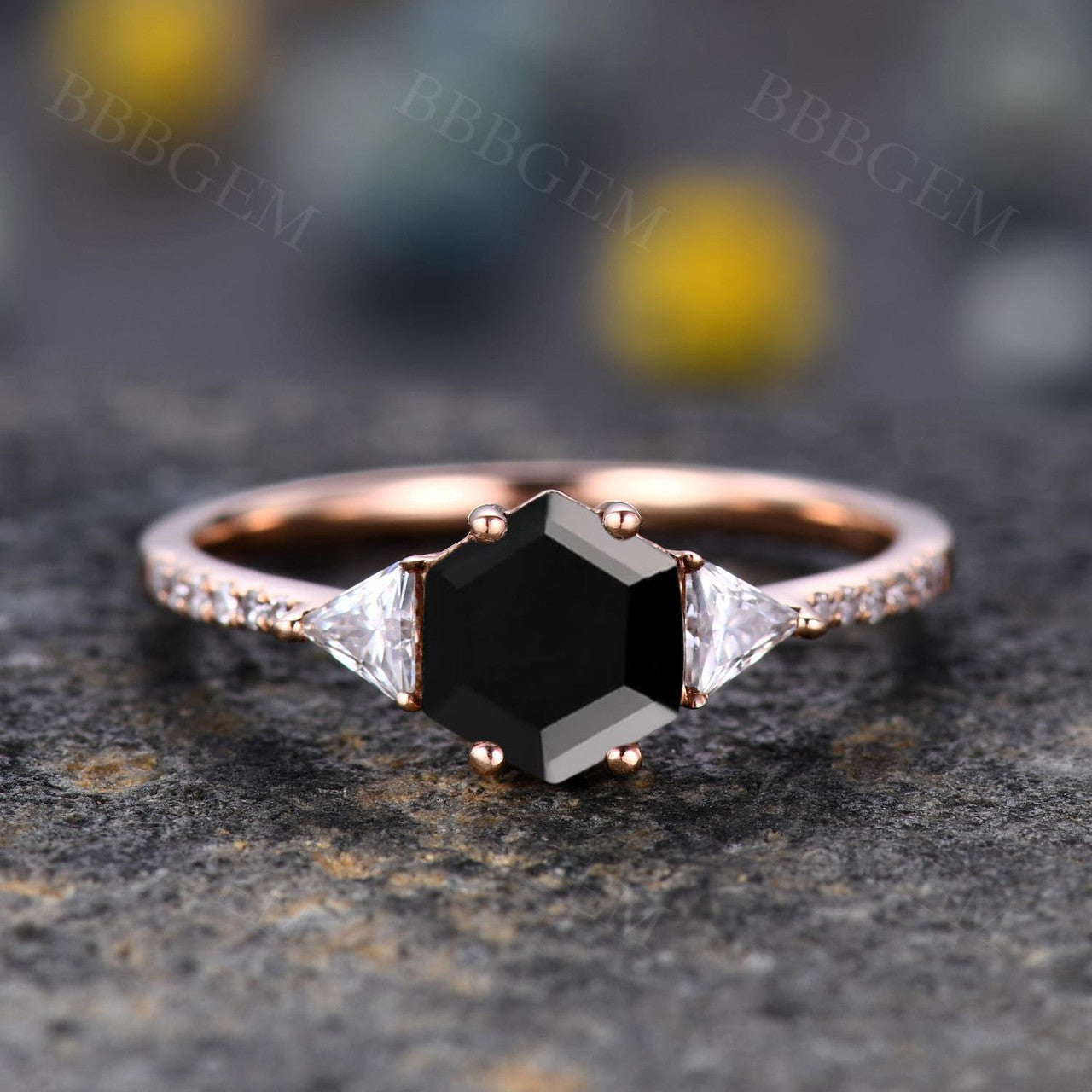 Hexagon Black Onyx Wedding Ring With Trillion Moissanite Side Stones