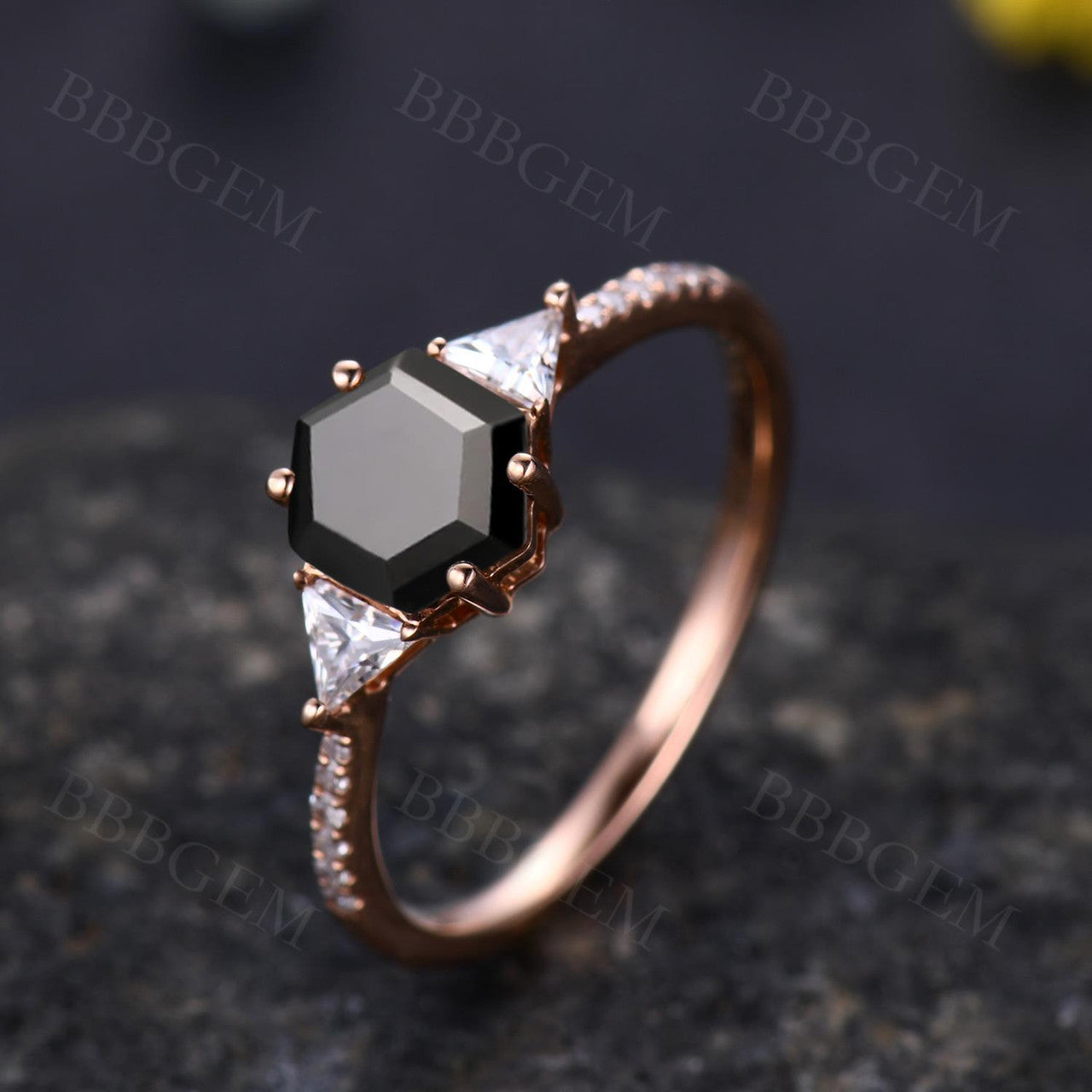 Hexagon Black Onyx Wedding Ring With Trillion Moissanite Side Stones