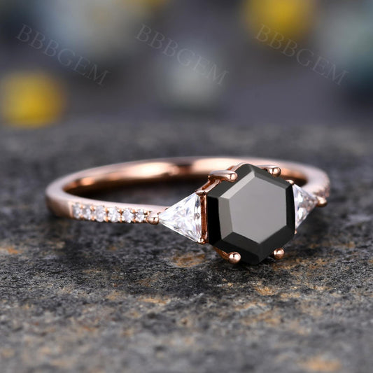 Hexagon Black Onyx Wedding Ring With Trillion Moissanite Side Stones