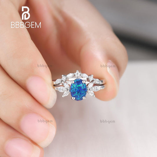 14K/18K Vintage Black Opal Dimaond/Moissanite Engagement Ring Set 2pcs