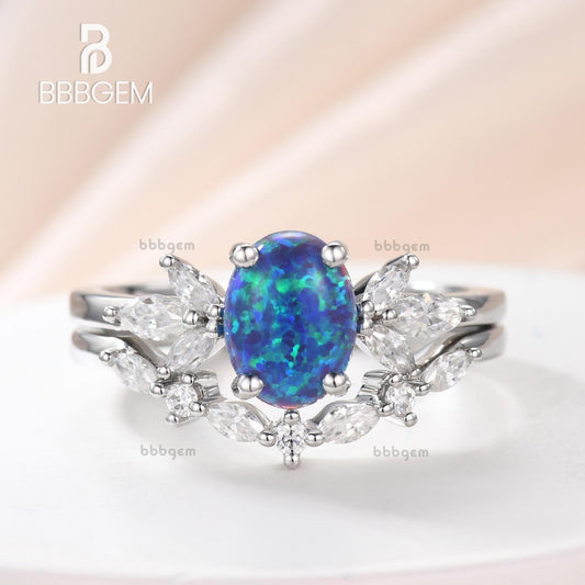 14K/18K Vintage Black Opal Dimaond/Moissanite Engagement Ring Set 2pcs