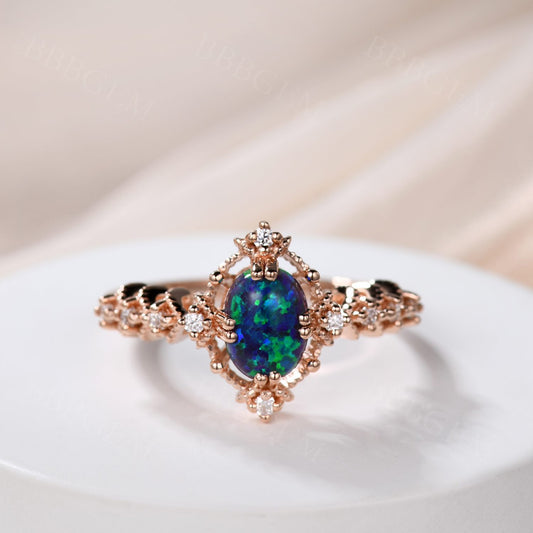 14K/18K Vintage Black Opal Engagement Ring Diamond Band Promise Jewelry