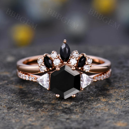 Hexagon Black Onyx Engagement Ring Three Stone Moissanite Black Onyx Jewelry