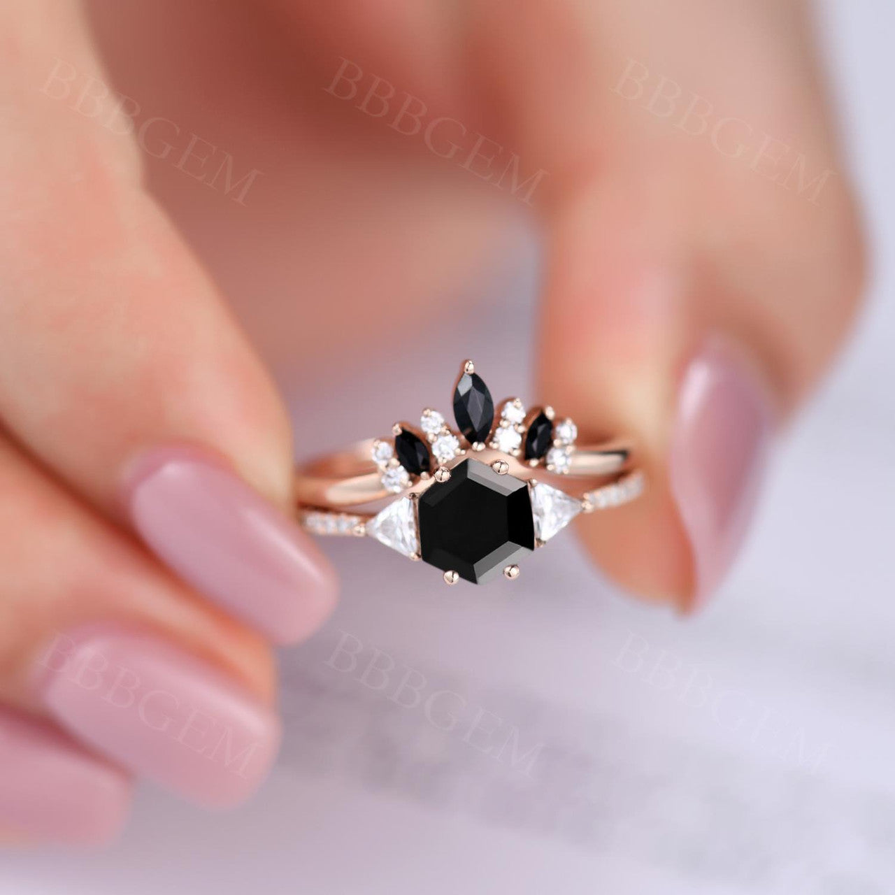 Hexagon Black Onyx Engagement Ring Three Stone Moissanite Black Onyx Jewelry