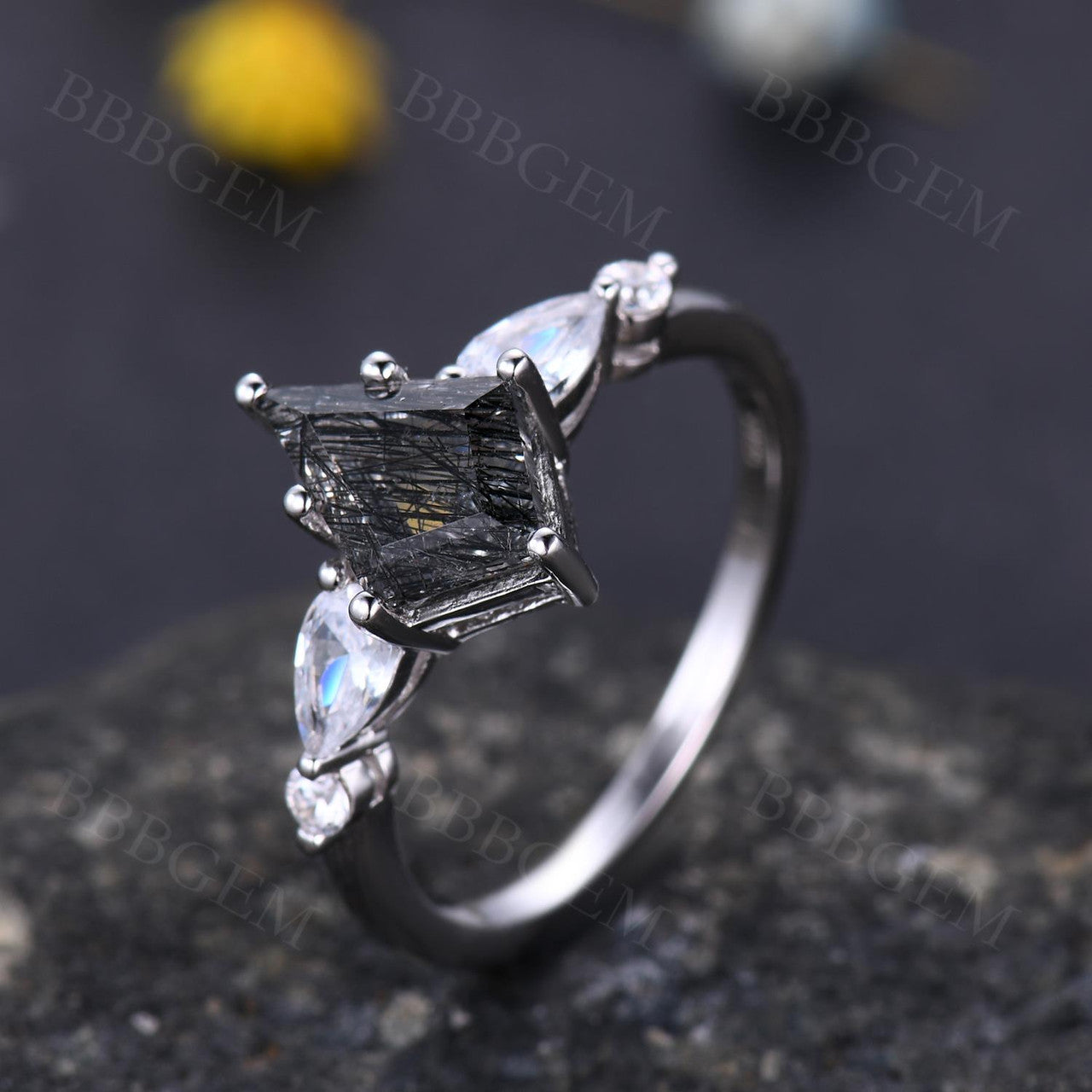 Kite-Shaped Step Cut Black Rutilated Quartz Tourmaline Statement Ring