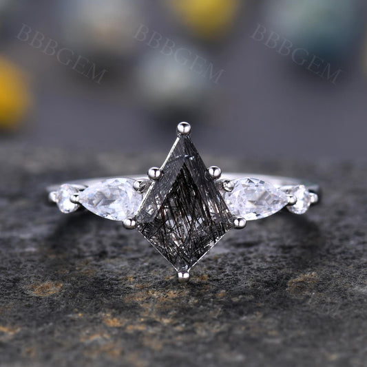 Kite-Shaped Step Cut Black Rutilated Quartz Tourmaline Statement Ring