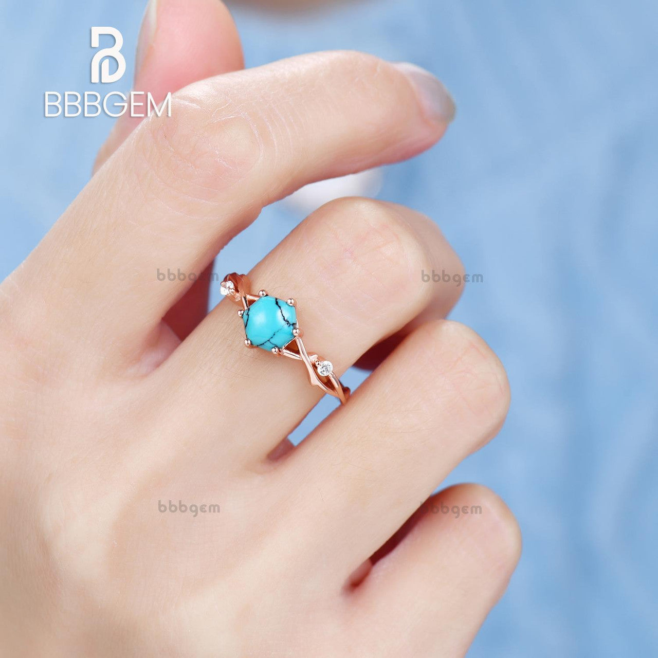 Hexagon Natural Cabochon Black Turquoise Engagement Ring With Winding Willow Diamond