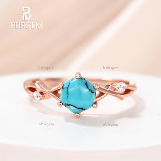 Hexagon Natural Cabochon Black Turquoise Engagement Ring With Winding Willow Diamond