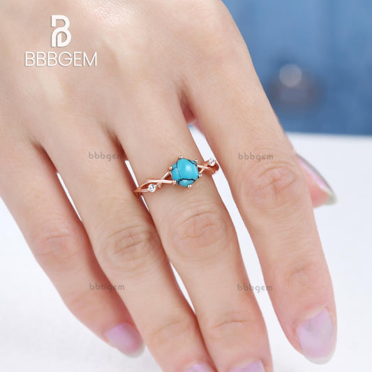 Hexagon Natural Cabochon Black Turquoise Engagement Ring With Winding Willow Diamond