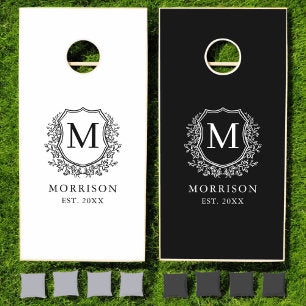 Black White Crest Modern Monogram Wedding Cornhole Set