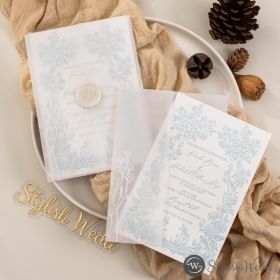 Blue Border Letterpress Wedding Invitation With Floral Vellum Wrap Swpi181