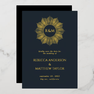 Blue Boho Celestial Sun Monogram Save Date Foil Invitation