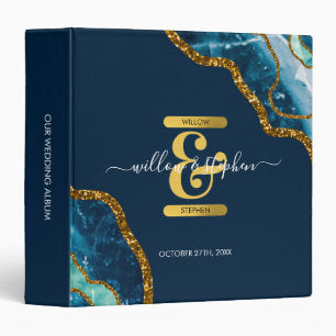 Blue & Gold Agate Geode Glitter Wedding Album 3 Ring Binder