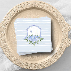 Blue Hydrangea Monogram Crest with Stripes Favor Napkins