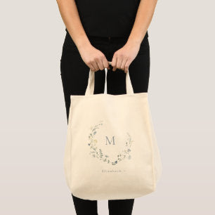 Blue Monogram Boho Wildflower Wreath Bridesmaid Tote Bag