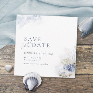 Blue watercolor coral & seashells beach wedding save the date