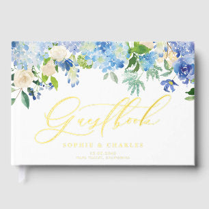 Blue Watercolor Hydrangea and Ivory Rose Wedding Foil Guest Book