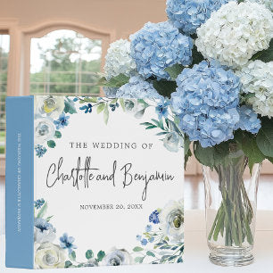 Blue White Peony Floral Spring Wedding Photo Album 3 Ring Binder