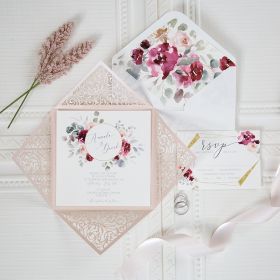 Blush Laser Cut Fold With Burgundy Floral Pattern Wedding Invitations Swws134