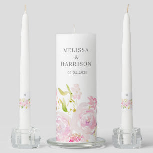 Blush and Pink Watercolor Boho Flowers Wedding Unity Candle Set