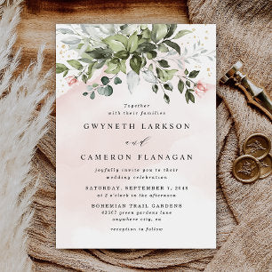 Blush Gold Greenery Succulent Dusty Blue Wedding Invitation