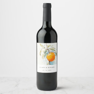 Boho Abstract Sketchy Orange Garden Wedding Wine Label