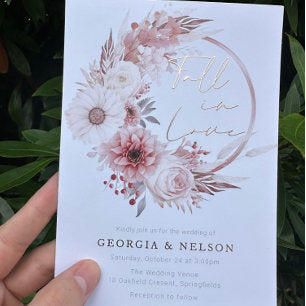 Boho Blush Floral Wreath Fall In Love Wedding Foil Invitation