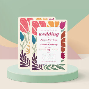 Boho Chic Retro Colorful Floral Wedding Invitation