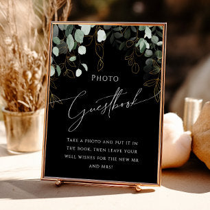Boho Greenery and Gold Black Photo Guest Book Sign
