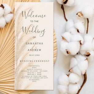 Boho pampas grass watercolor wedding program