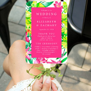 Bold Floral Pink Watercolor Wedding Program Hand Fan